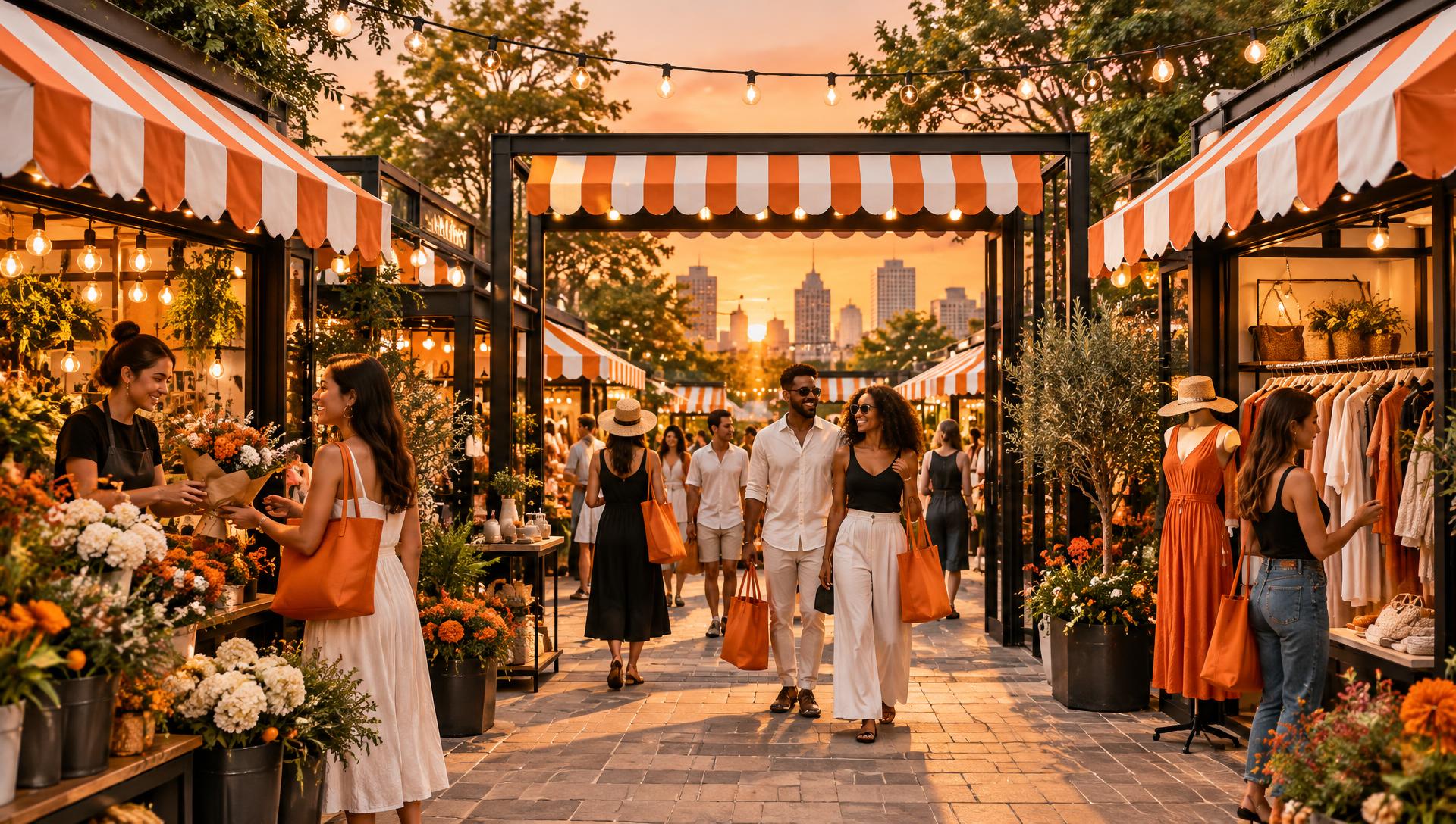 The ilovou pop-up mall courtyard at golden hour with a fountain, flowers and glowing vendor booths