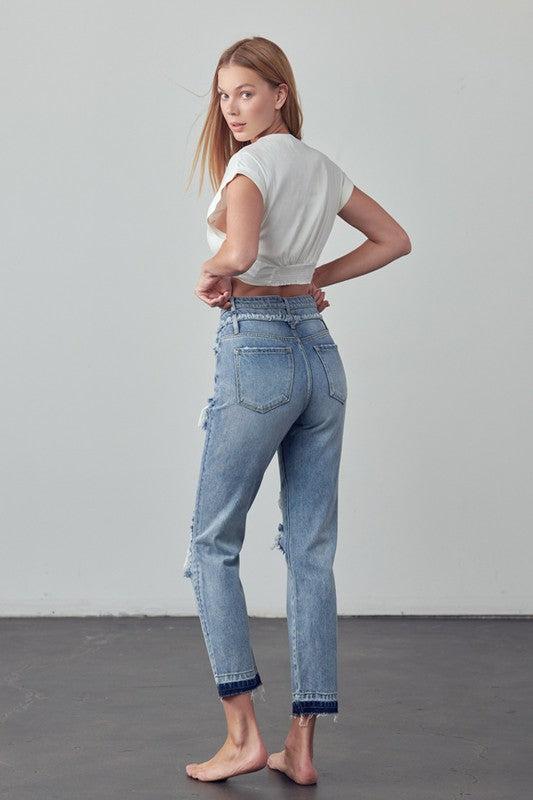 High Rise Double Waistband Released Hem Jeans