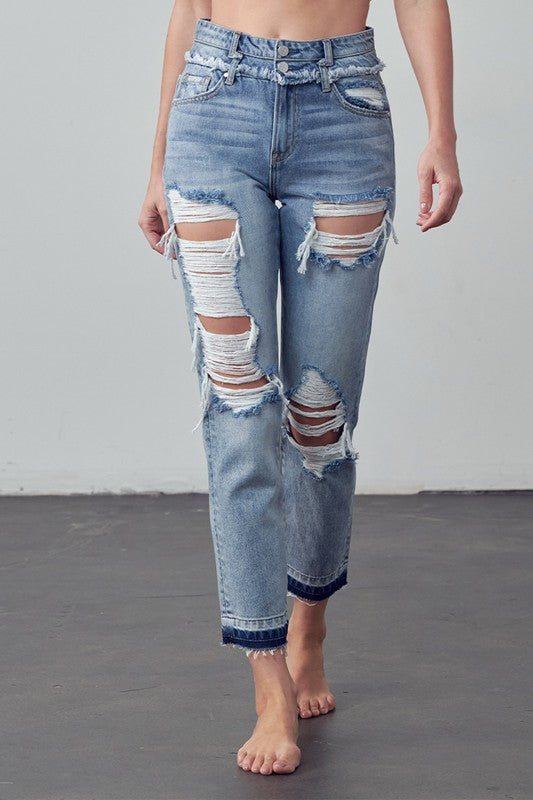 High Rise Double Waistband Released Hem Jeans