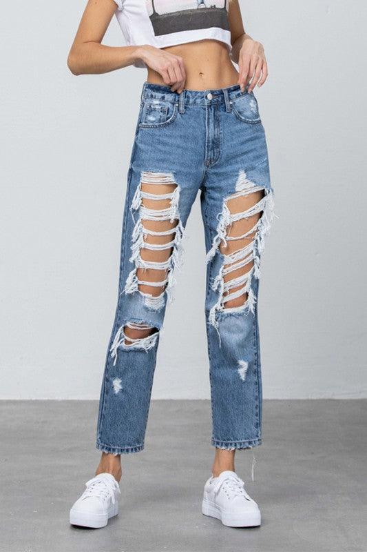 High Rise Heavy Destroyed Mom Jeans