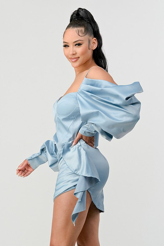 Athina Elegant Puff Shoulder Satin Mini Dress
